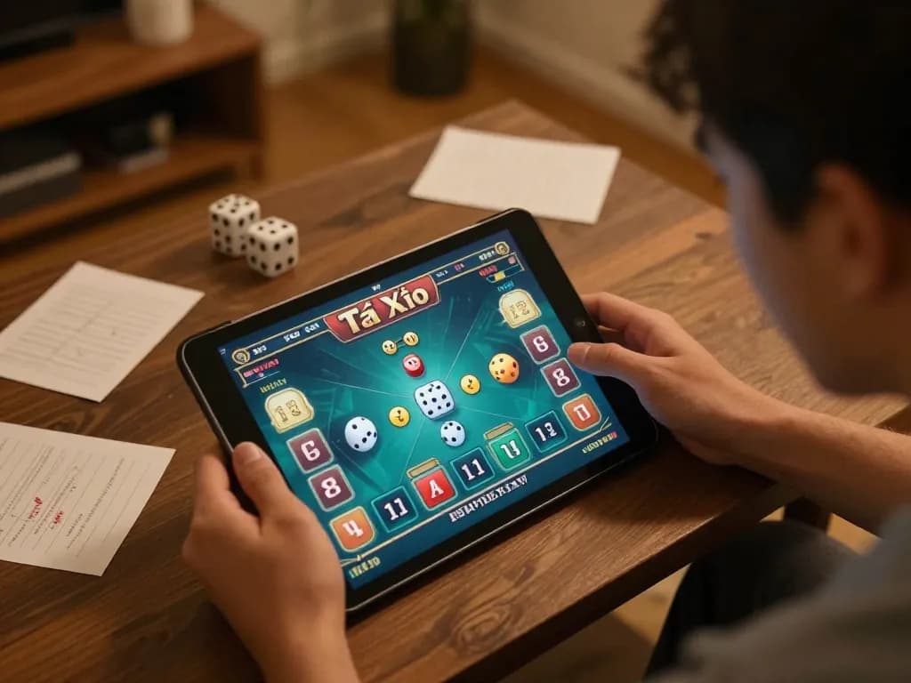 Tài Xỉu online uy tín gameplay with a player strategizing on a tablet in a cozy setting