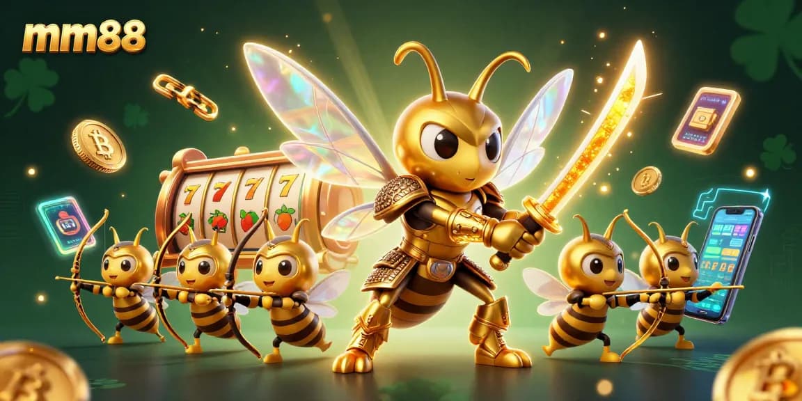 Engage with the vibrant mm88 online casino scene showcasing a golden hornet samurai among dynamic slot game elements.