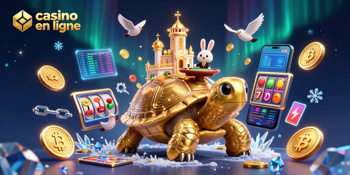 Visitez un casino en ligne captivant avec une tortue dorée et un croupier au poker.