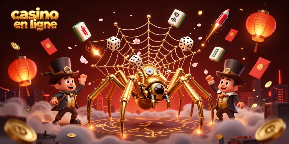 Jouer au casino en ligne avec une illustration colorée d'une araignée steampunk et des éléments de jeu animés.