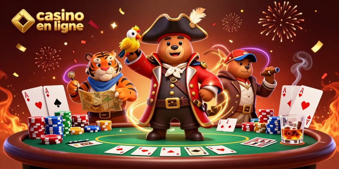 Jouer au casino en ligne avec un ours pirate, un tigre et un perroquet entourés de jetons et de cartes