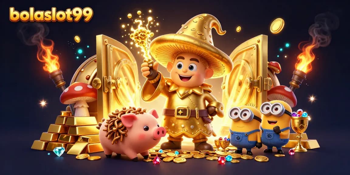 Experience the magic of bolaslot99 with a golden mushroom wizard and treasure-filled scene.