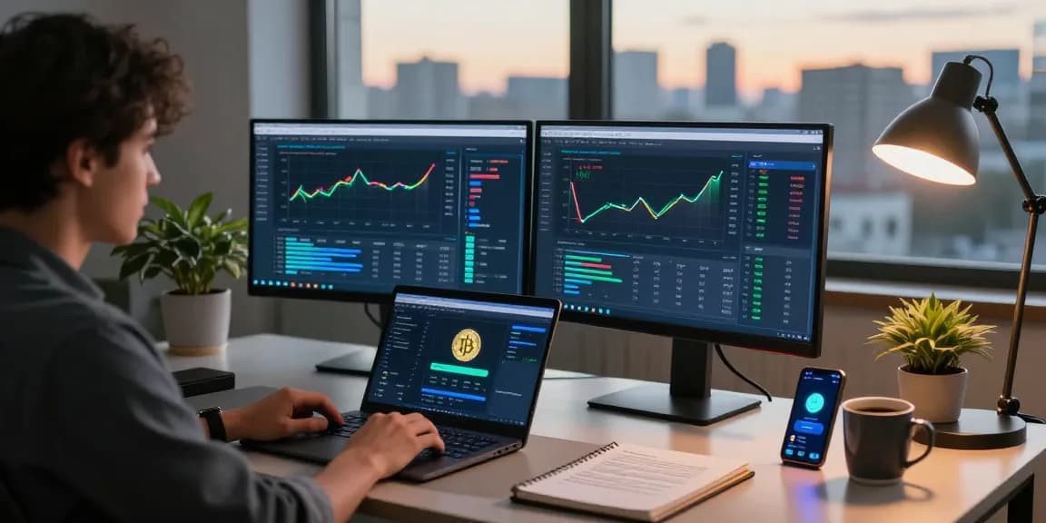 Bitcoin mining contract analytics displayed on monitors in a modern home office with crypto wallet access, showcasing innovative mining setups and profitability.
