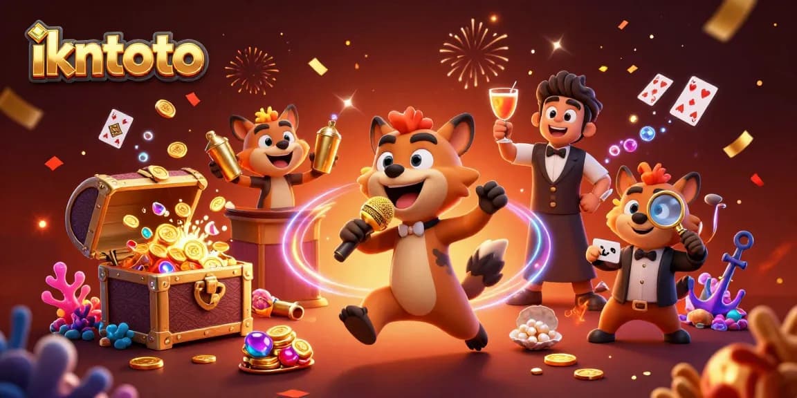 Engage with ikntoto's vibrant casino scene featuring hyenas in a comedy club and dynamic game elements.