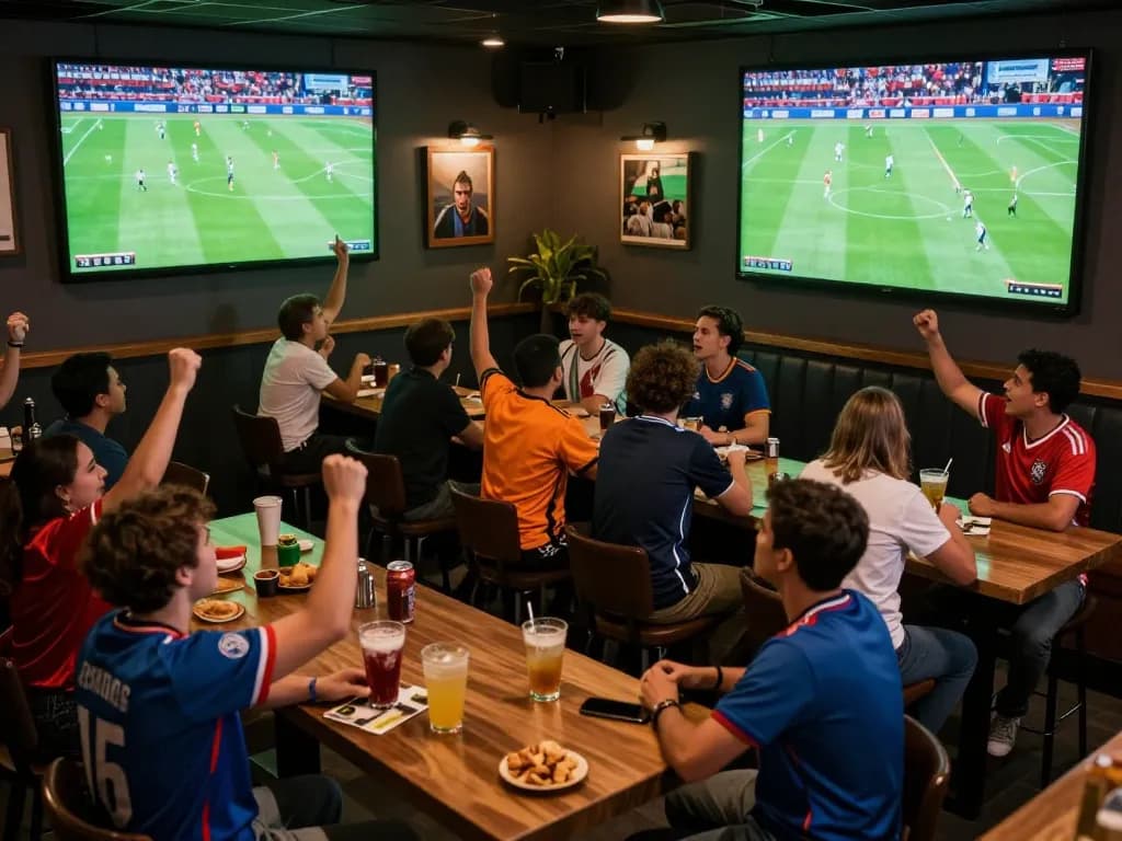 Engaging scene of fans enjoying nonton bola ive at a vibrant sports bar with live match screens.