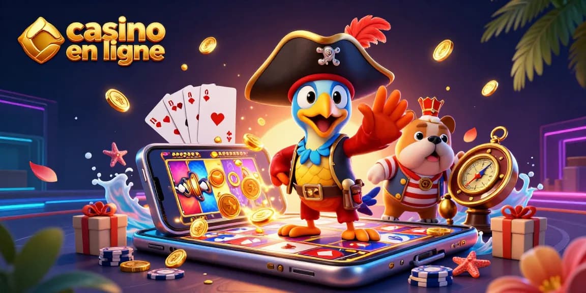 Vivez l'aventure au casino en ligne avec un pirate, un bulldog et un chat, entourés de jeux captivants.
