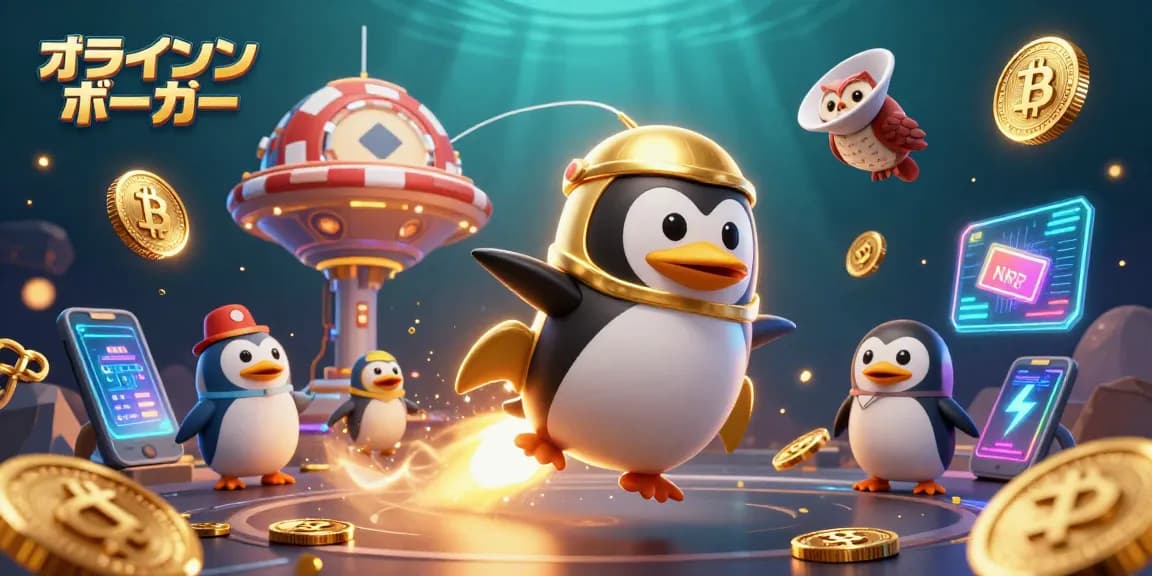 オンラインポーカーで勝つために全力で突き進む金のペンギンとポーカーチップ宇宙基地