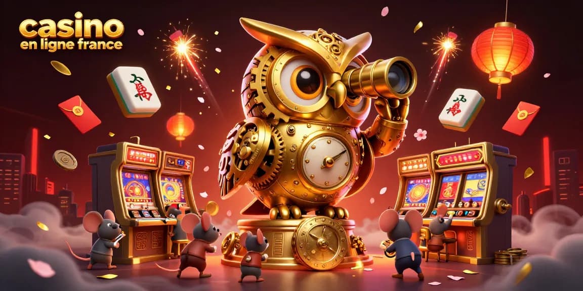 Plongez dans l'univers du casino en ligne France avec ce hibou mécanique surveillant les machines à sous.