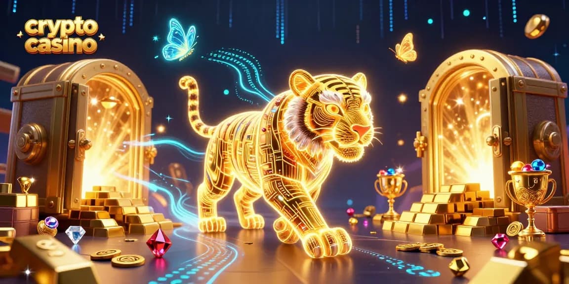 Gioca nel crypto casino con il tigre d'oro in un paesaggio digitale illuminato da tesori luccicanti.