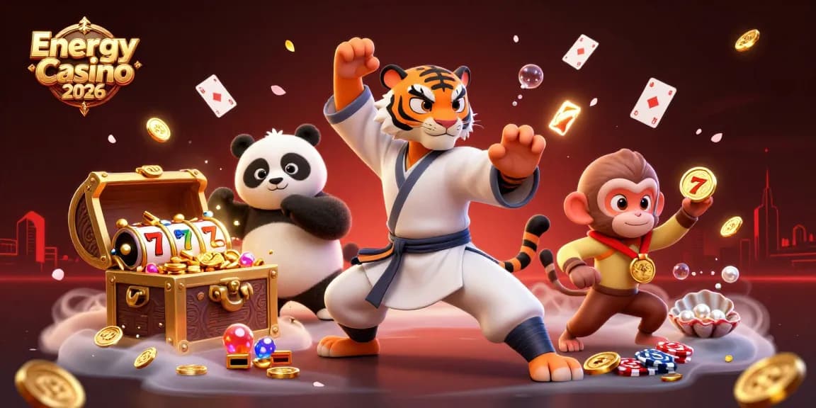 Az Energy Casino 2026 játékélményét megjelenítő vegyes 3D illusztráció, ahol a kung fu tigermester és a panda tanítvány az online kaszinó izgalmait tükrözi.