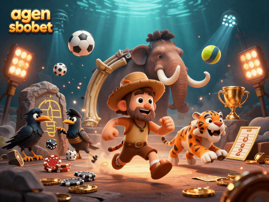 Experience exciting sports betting with agen sbobet in a vibrant prehistoric casino scene.
