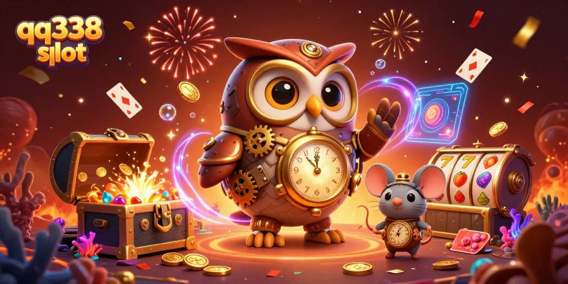 Engage with qq338 slot in vibrant 3D casino illustration featuring time-traveler owl and dynamic gaming elements.
