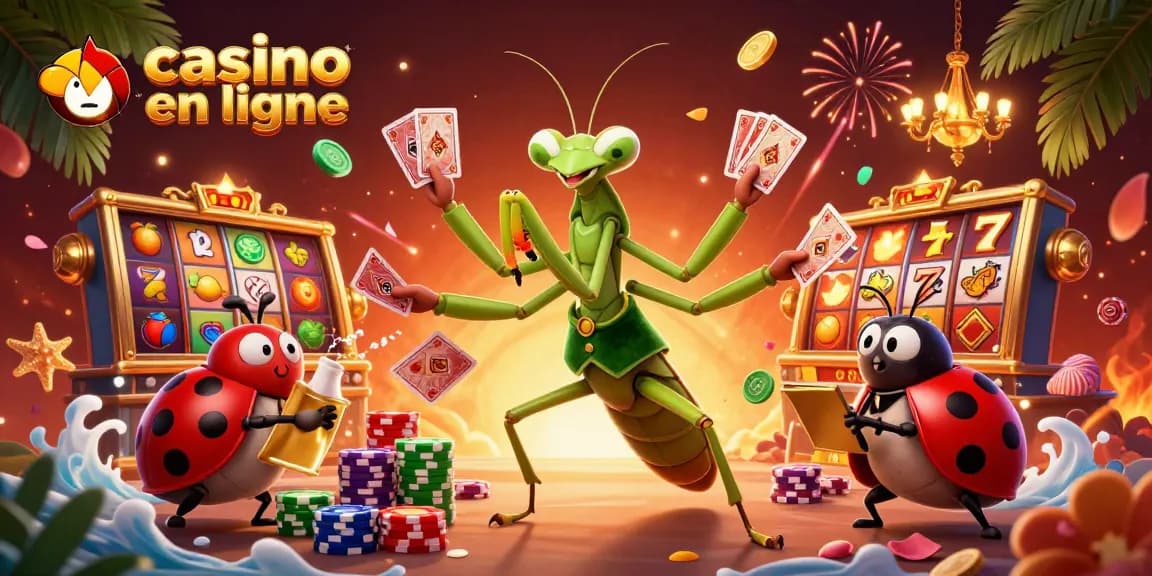Profitez de l'ambiance festive dans ce casino en ligne illustré par un caméléon et une coccinelle.