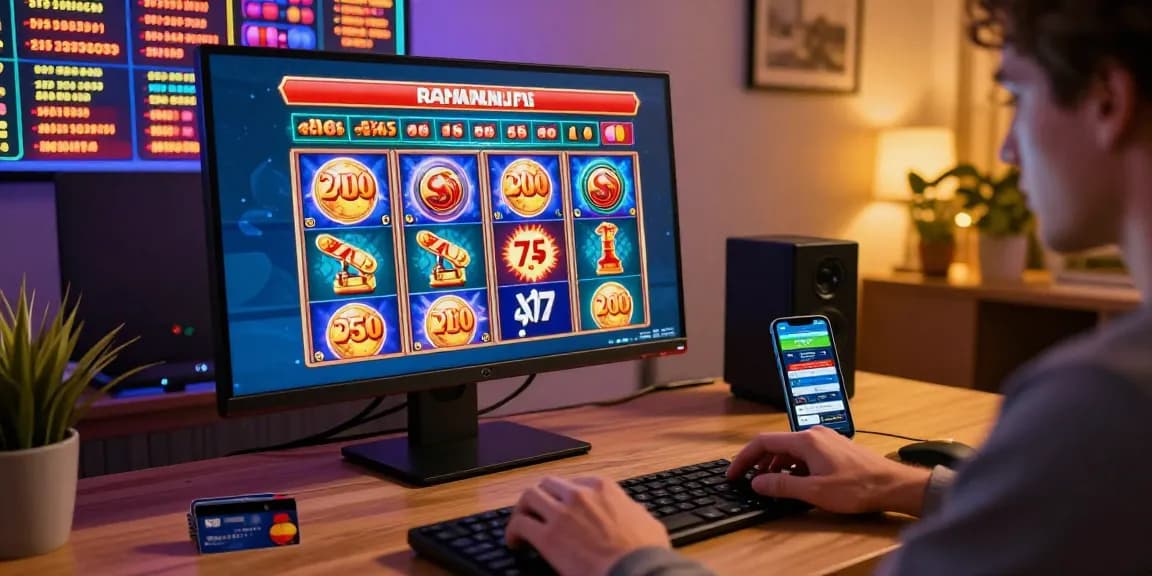 Engaged player enjoying games at BRCS credit card casinos with colorful slot visuals and credit cards on desk.