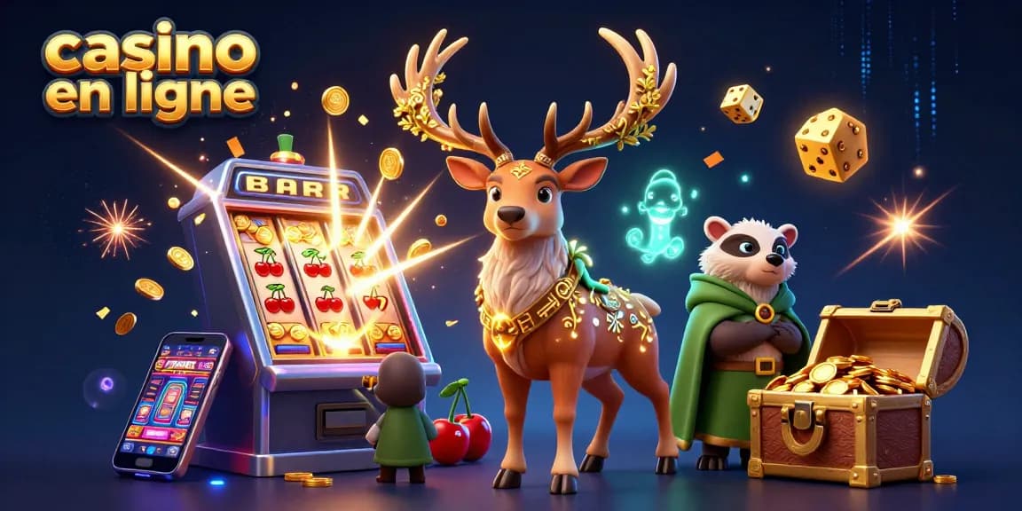 Plongez dans le monde du casino en ligne avec un druide et un blaireau, entourés de machines à sous et de loteries.