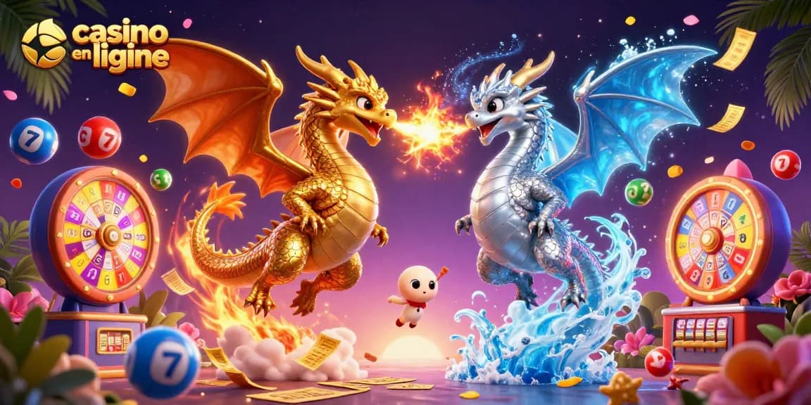 Visualisez un dragon d'or et un dragon d'argent en vol, symbolisant le casino en ligne avec des éléments de jeu.