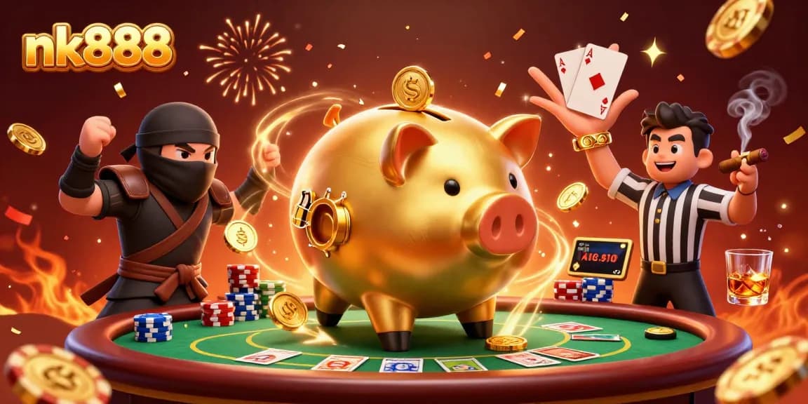 Exciting nk888 gaming scene with a golden piggy bank sumo wrestler amidst poker elements.