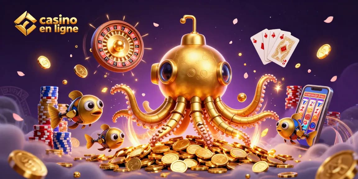 Jouer au casino en ligne avec un kraken doré et des pièces d'or illuminées et d'autres éléments de jeu.