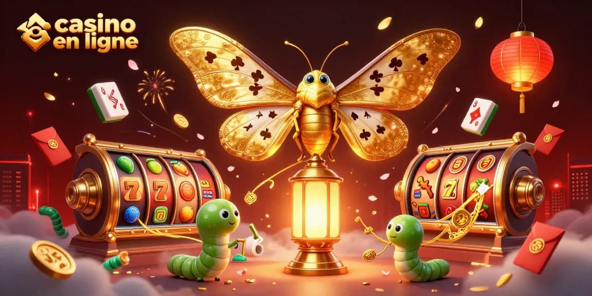 Visualisez une scène captivante au casino en ligne avec un papillon atlas 3D et des éléments de jeu dynamiques.