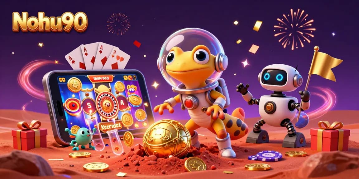 Nohu90's Martian gecko exploring a golden casino with exciting gaming elements amidst vibrant asteroids.