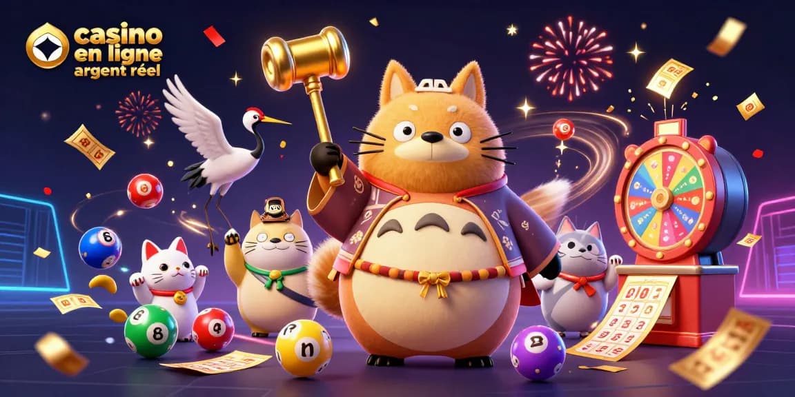 Gagnez avec le casino en ligne argent réel dans une illustration 3D festive remplie de lots.