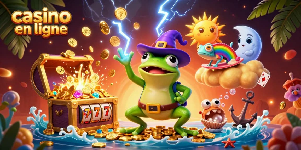 Profitez de l'excitation du casino en ligne avec des personnages colorés et des pièces d'or tourbillonnantes.