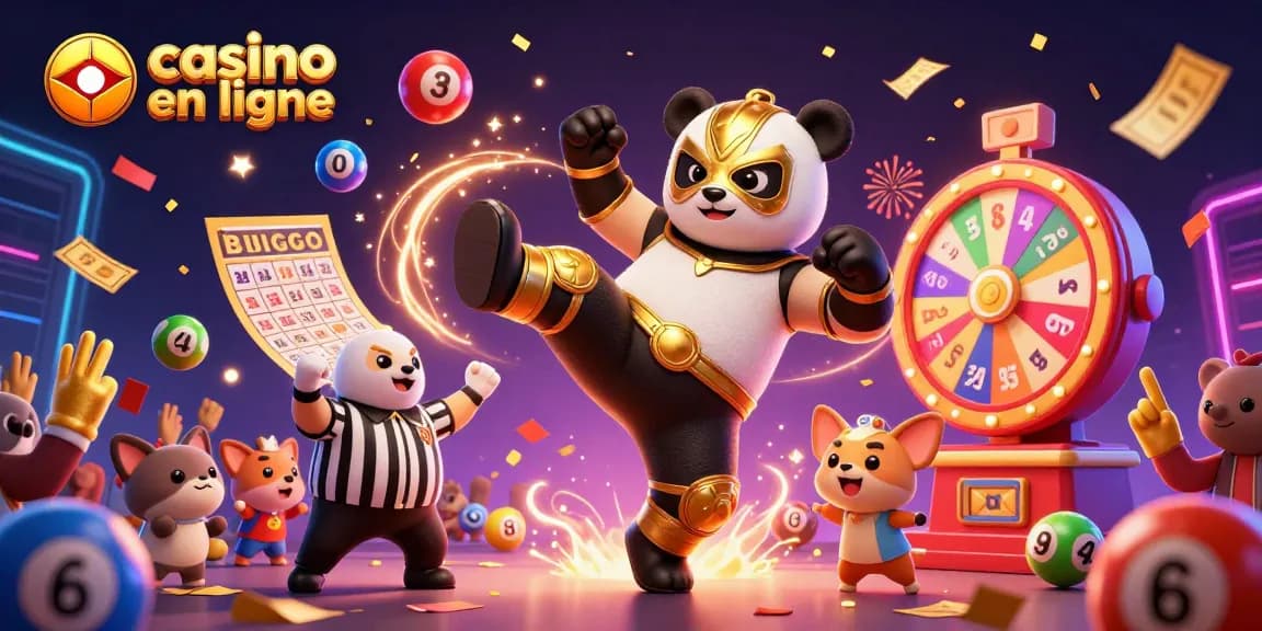 La scène de casino en ligne présente un panda lutteur réalisant un coup de pied, entouré de ballons de loterie colorés et de billets d'or.