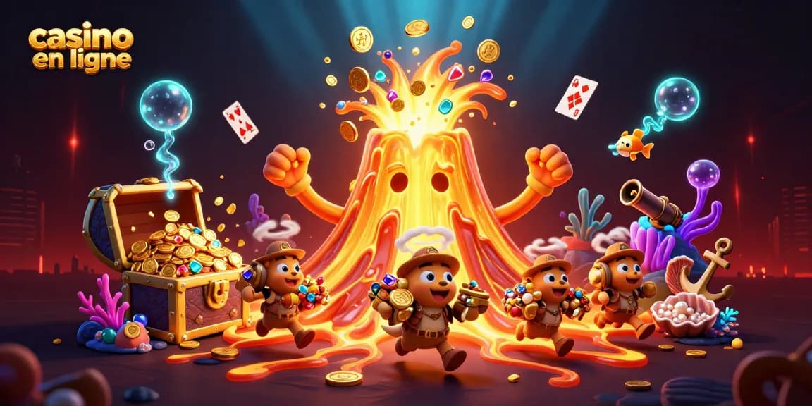 Jouez au casino en ligne dans un univers de trésors, éclats de lumière et volcan doré.