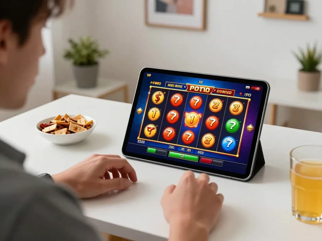 Enjoying an exciting slot toto game on a tablet in a cozy home setting, emphasizing online gaming engagement.