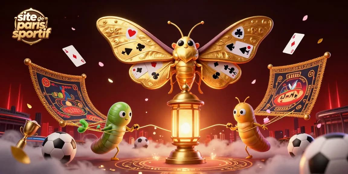 Illustration dynamique de site de paris sportif avec un papillon géant et des éléments de paris sportifs.