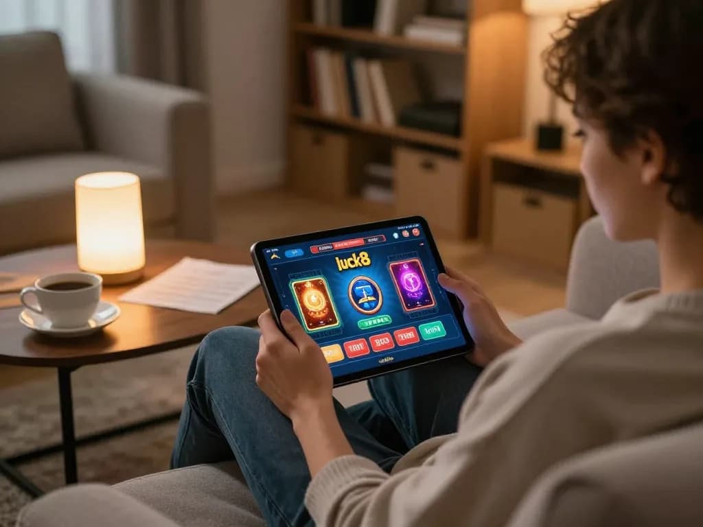 Engaging with luck8 on a tablet during a cozy home gaming session, illustrating online gambling excitement.