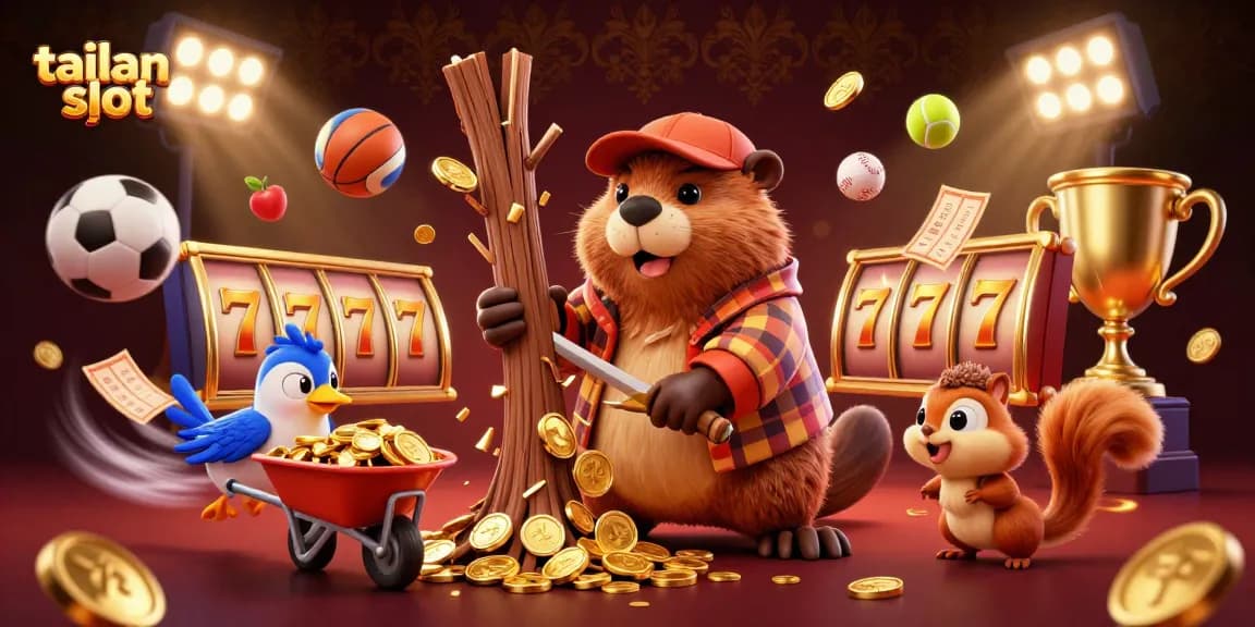 Engaging tailan slot scene with a cartoon beaver and companions gathering golden coins in a dynamic casino environment.