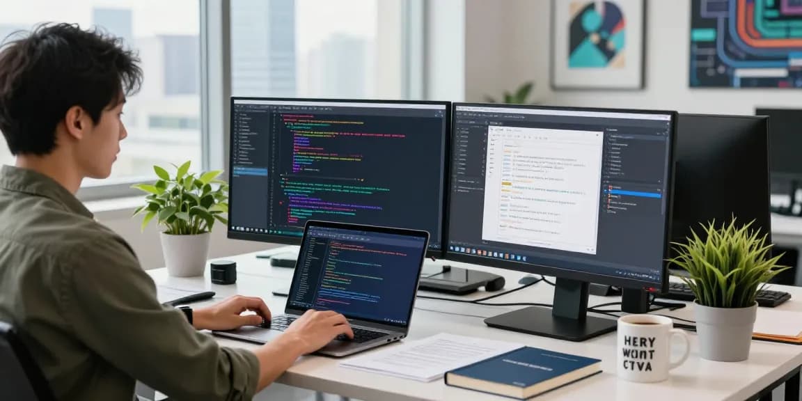 https://www.bdtjl.app/ showcases a vibrant workspace with a developer coding on multiple screens in an ergonomic setting.