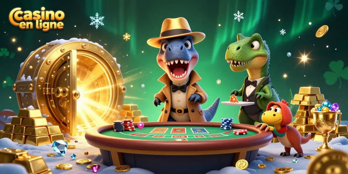 Illustration 3D d'un casino en ligne avec un velociraptor comptant des cartes au blackjack.