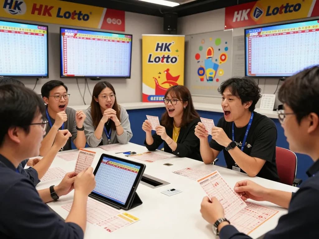Excited participants celebrating HK Lotto results with tickets and screens displaying winning numbers.