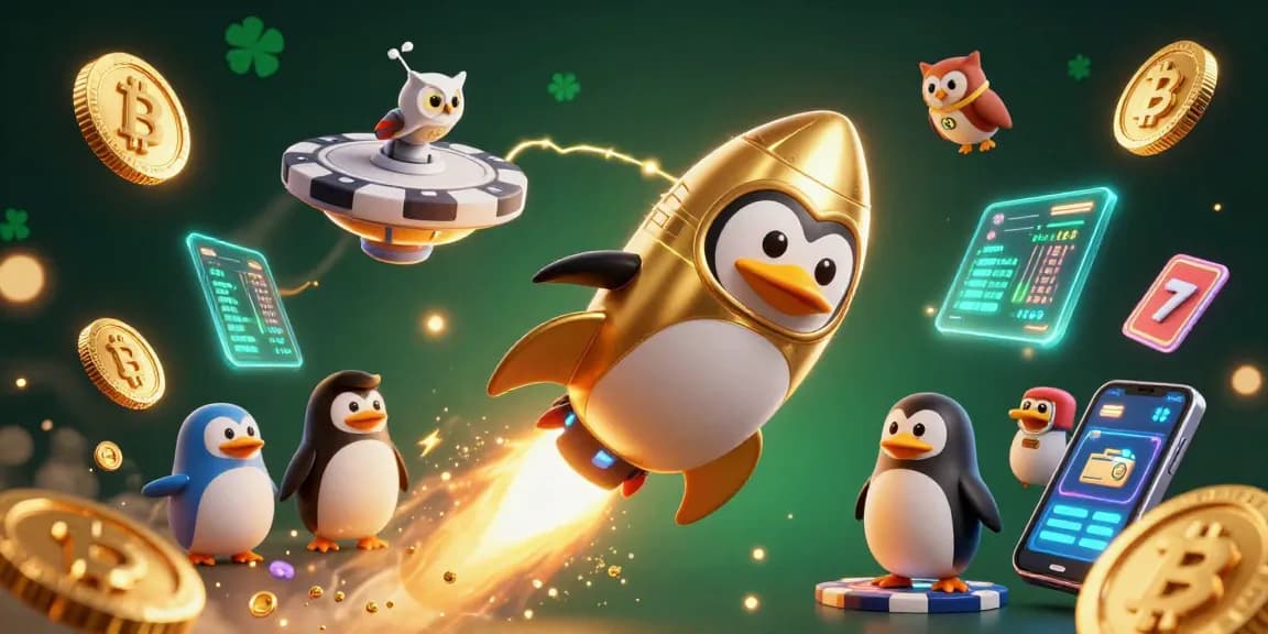 Bancatai's golden penguin rockets through a vibrant casino space scene filled with crypto elements.