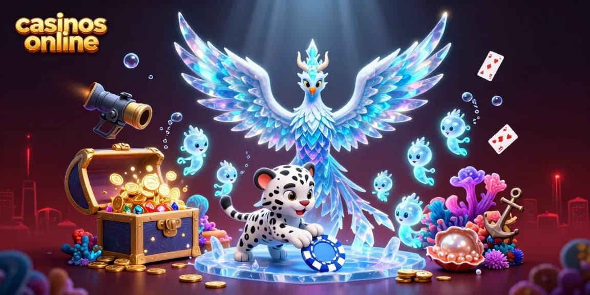 Descubre los casinos online mientras un fénix de hielo interactúa con un chip de póker en un entorno vibrante.