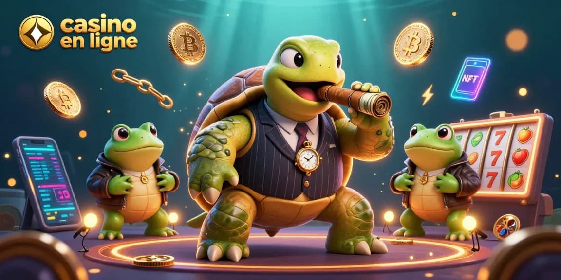 Plongez dans l'univers du casino en ligne avec une tortue massive en costume de gangster, entourée de grenouilles bullfrogs et d'éléments Crypto.