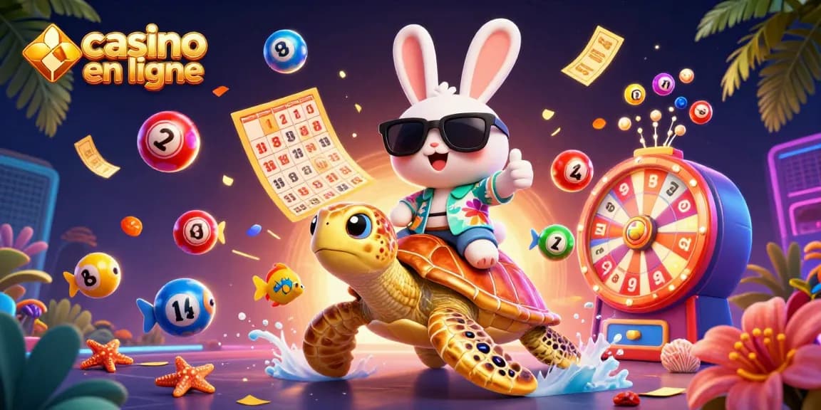 Gagnez avec le casino en ligne : un lapin chanceux et une tortue dorée entourés de loteries.