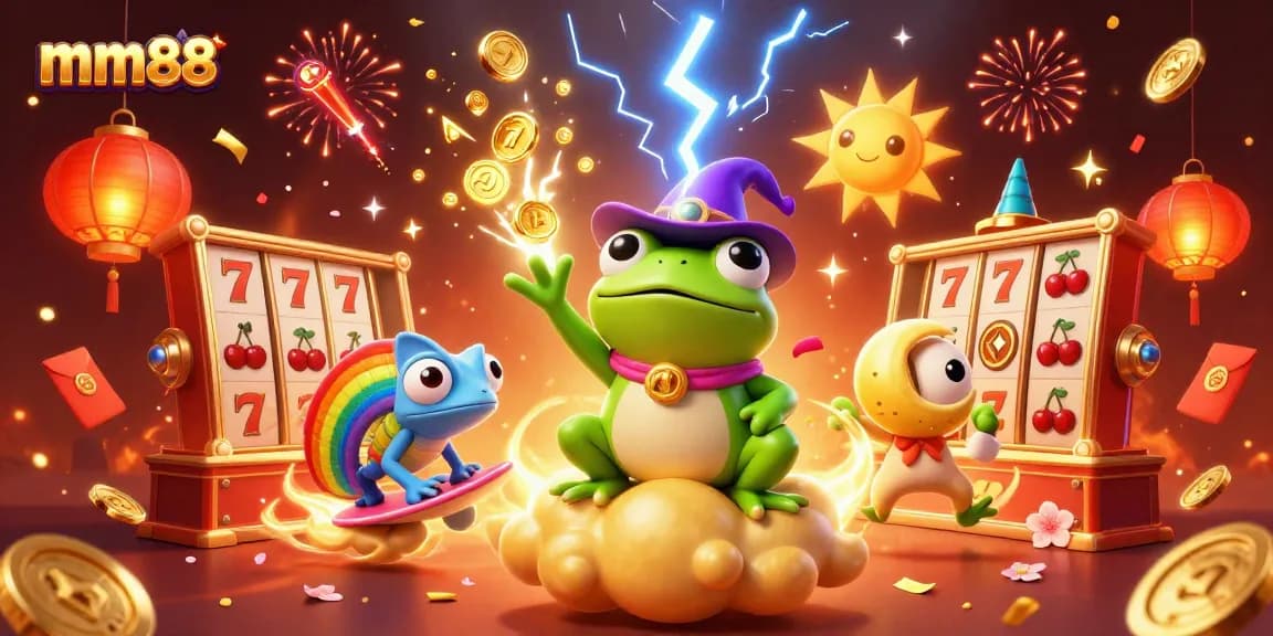 Engage with mm88 as a weather wizard frog creates a golden coin storm in a vibrant casino scene.