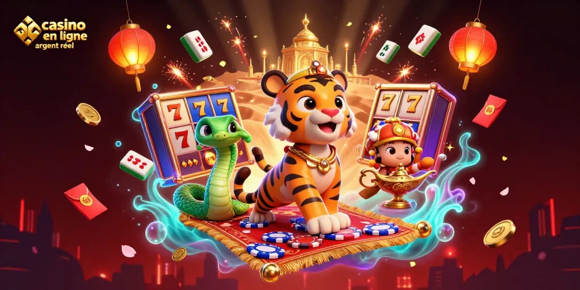 Jouez à casino en ligne argent réel avec un tigre sultan sur un tapis volant rempli de jetons, entouré d'une ambiance festive.