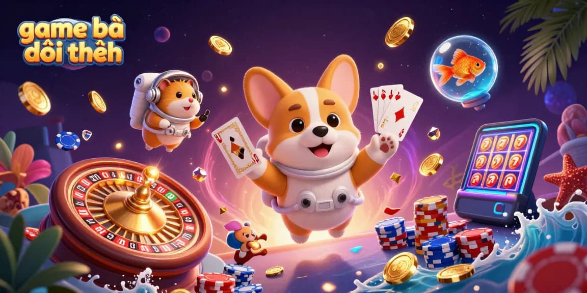 Experience thrilling game bài đổi thưởng action with corgi, hamster, and goldfish in a vibrant casino scene.