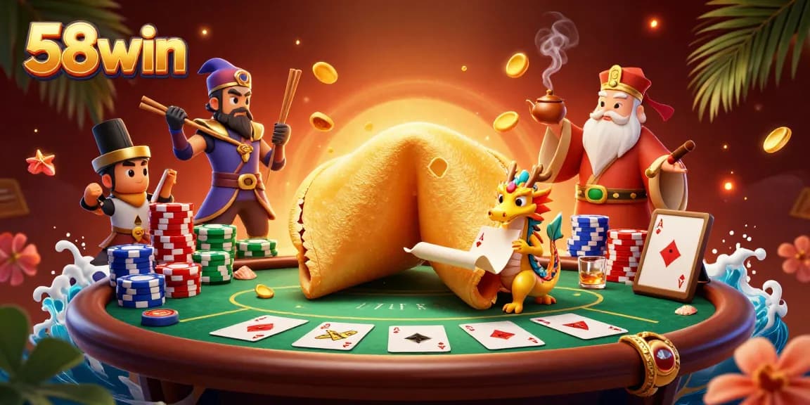 Experience 58win's vibrant casino scene with colorful poker elements and rich characters.