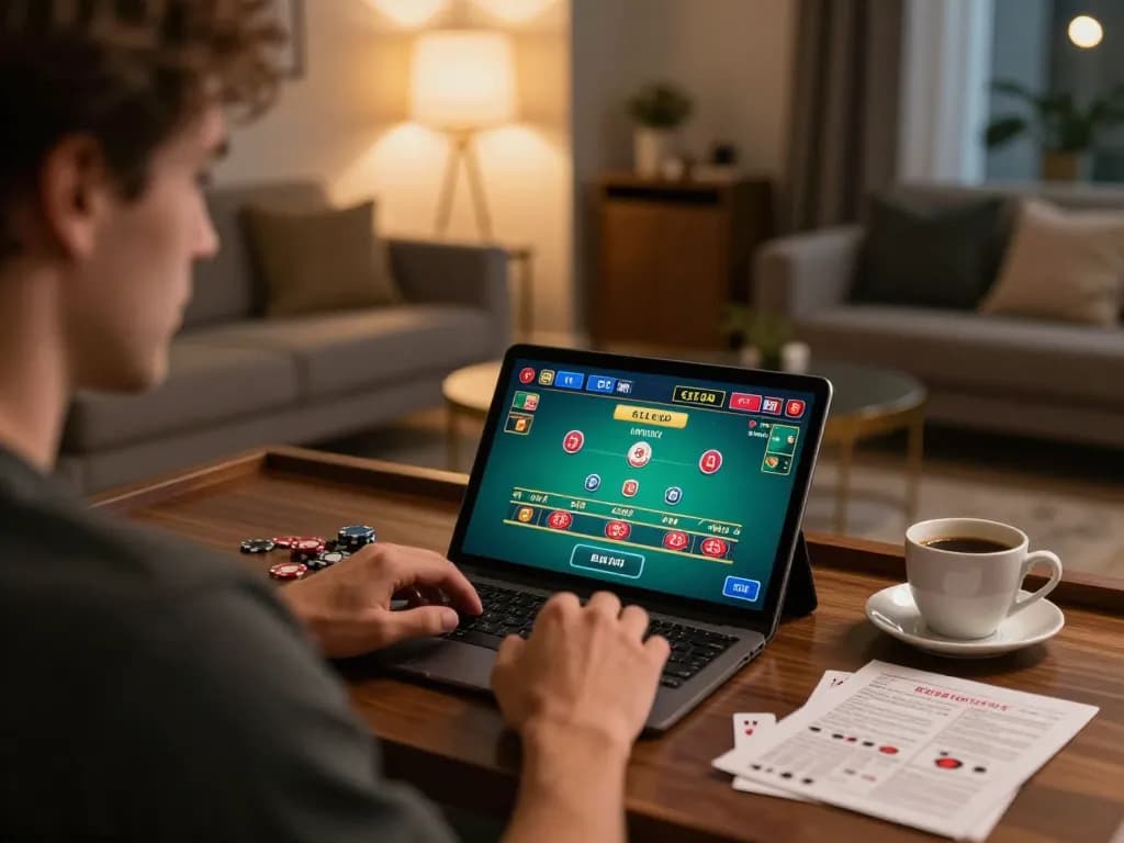 B52club player engaged in live blackjack on a tablet at home, showcasing responsible gaming ambiance.