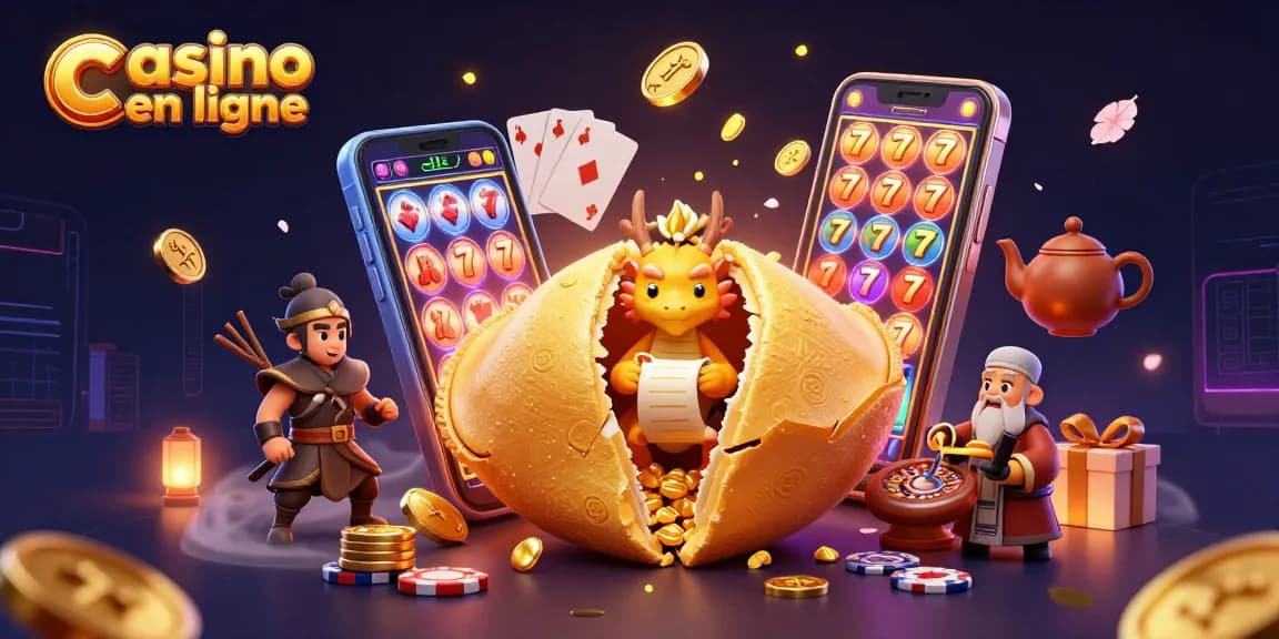 Plongez dans un casino en ligne avec un cookie de fortune vibrant et des dés éclatants.
