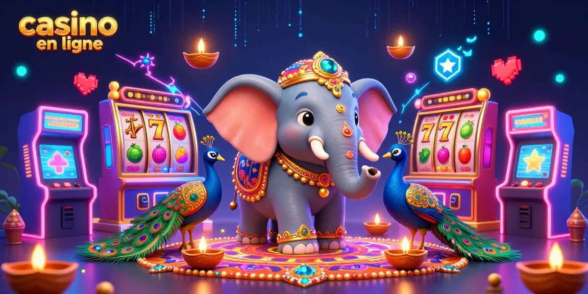 Profitez du casino en ligne avec un éléphant coloré et des éléments de jeu captivants dans une scène vibrante.