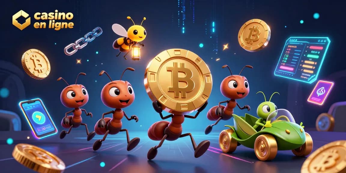 Les fourmis du casino en ligne transportent une grosse puce tout en naviguant dans une scène riche d'éléments numériques.