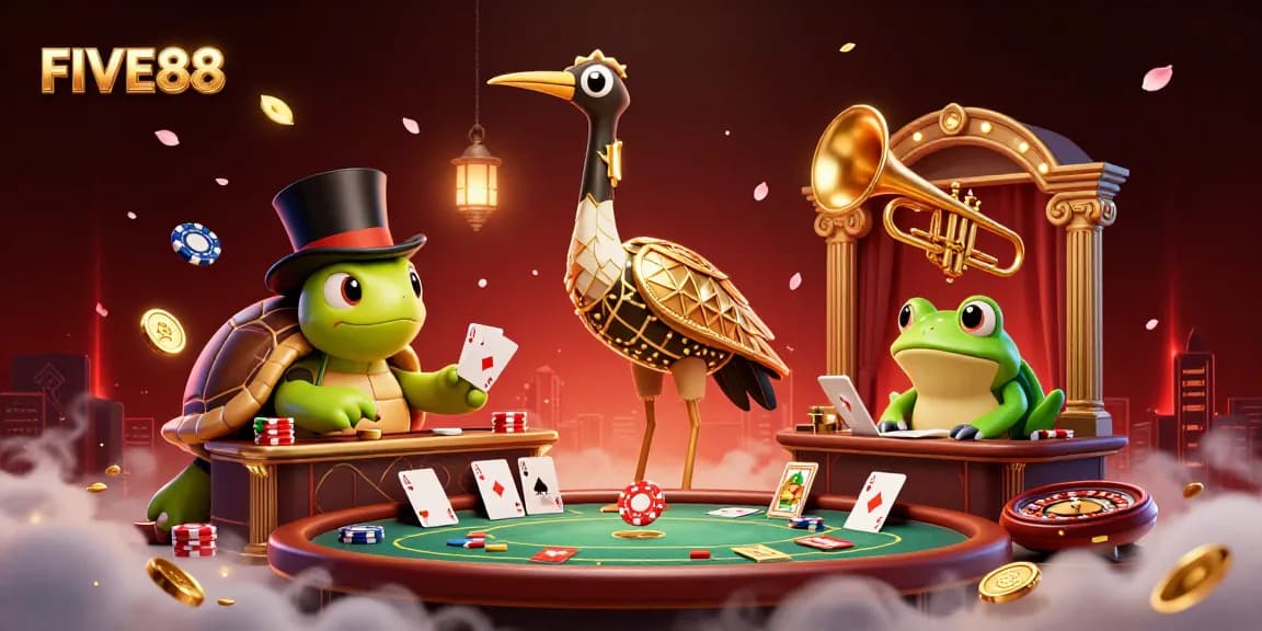 Engage with exciting poker gameplay at FIVE88, illustrated with vibrant characters and casino elements.