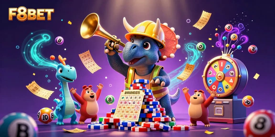 Win big with F8BET as a cheerful triceratops builds a poker chip pyramid amidst lottery vibes!