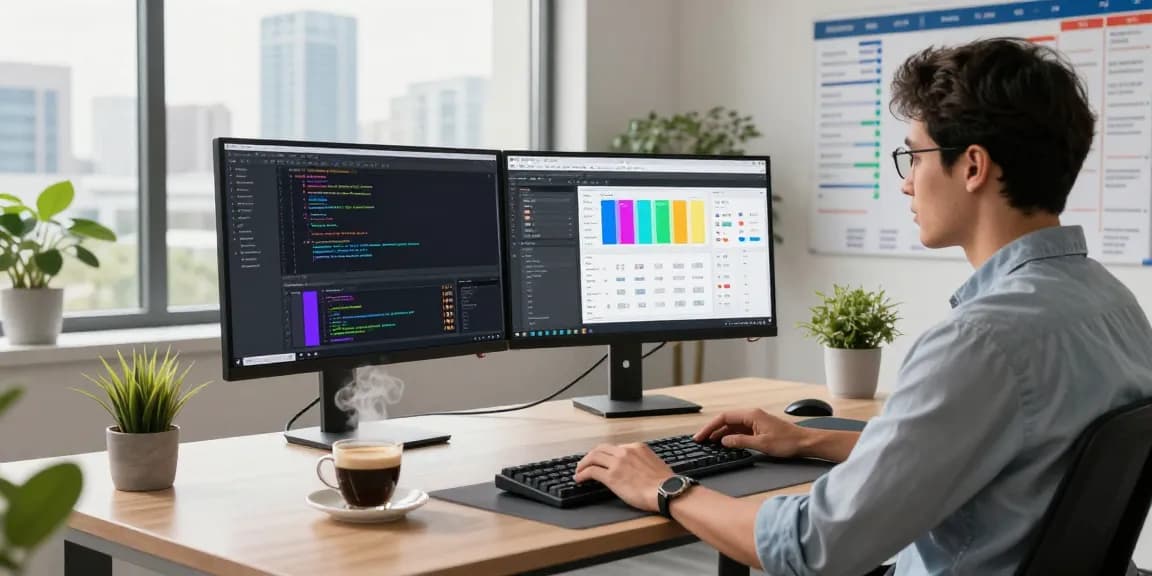 Focused developer utilizing openclaw skills at a modern tech workspace with dual monitors and vibrant code.